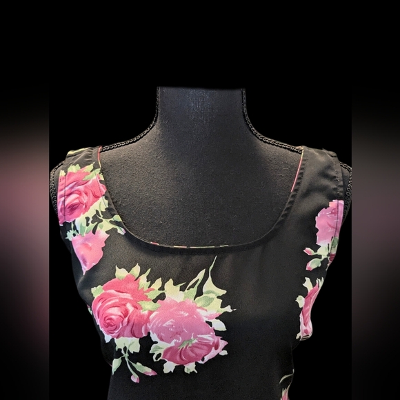 Vintage 90s Floral Black and Pink Dress With Roses Mini Small Or Medium - Picture 2 of 6
